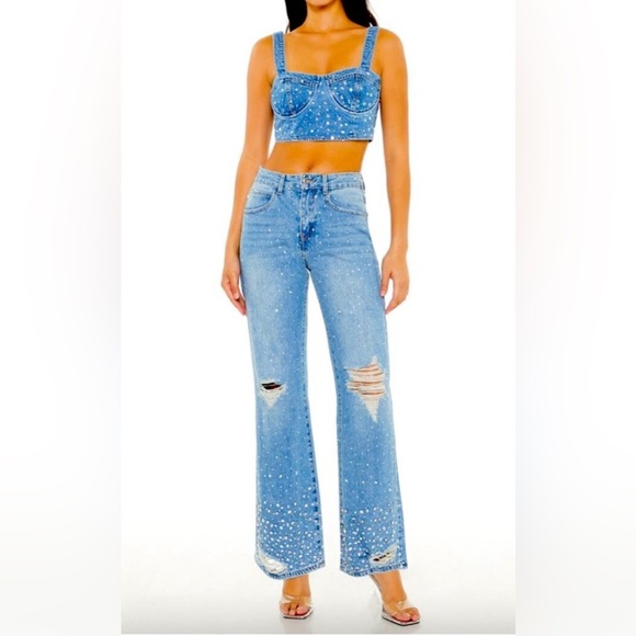 Forever 21 Denim - Forever 21 heavily studded jeans rhinestone high rise flare 27